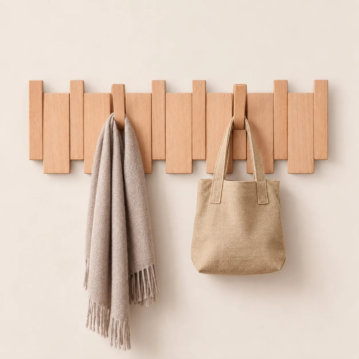 Patère murale en hêtre naturel clair, 6 crochets, avec sac et écharpe.