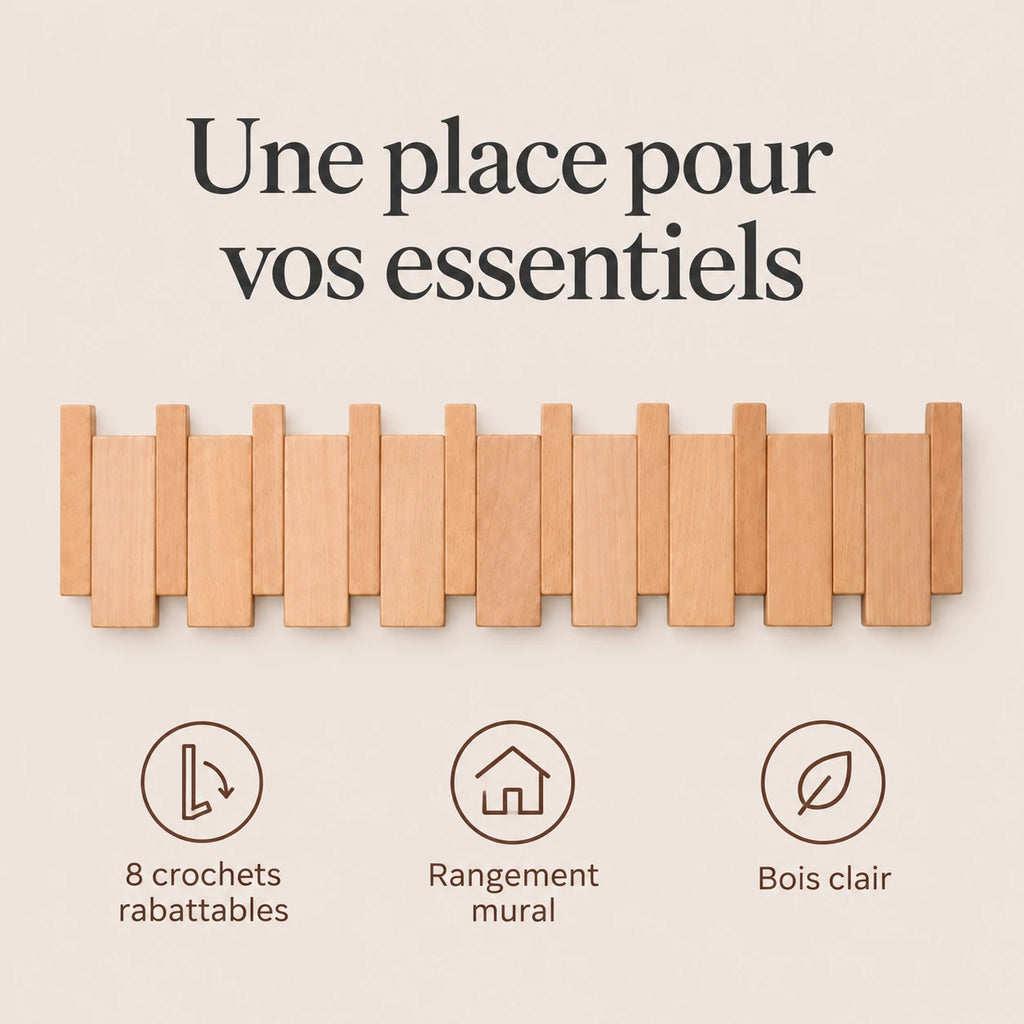 Patère hêtre naturel clair à 8 crochets rabattables pour organiser les accessoires.