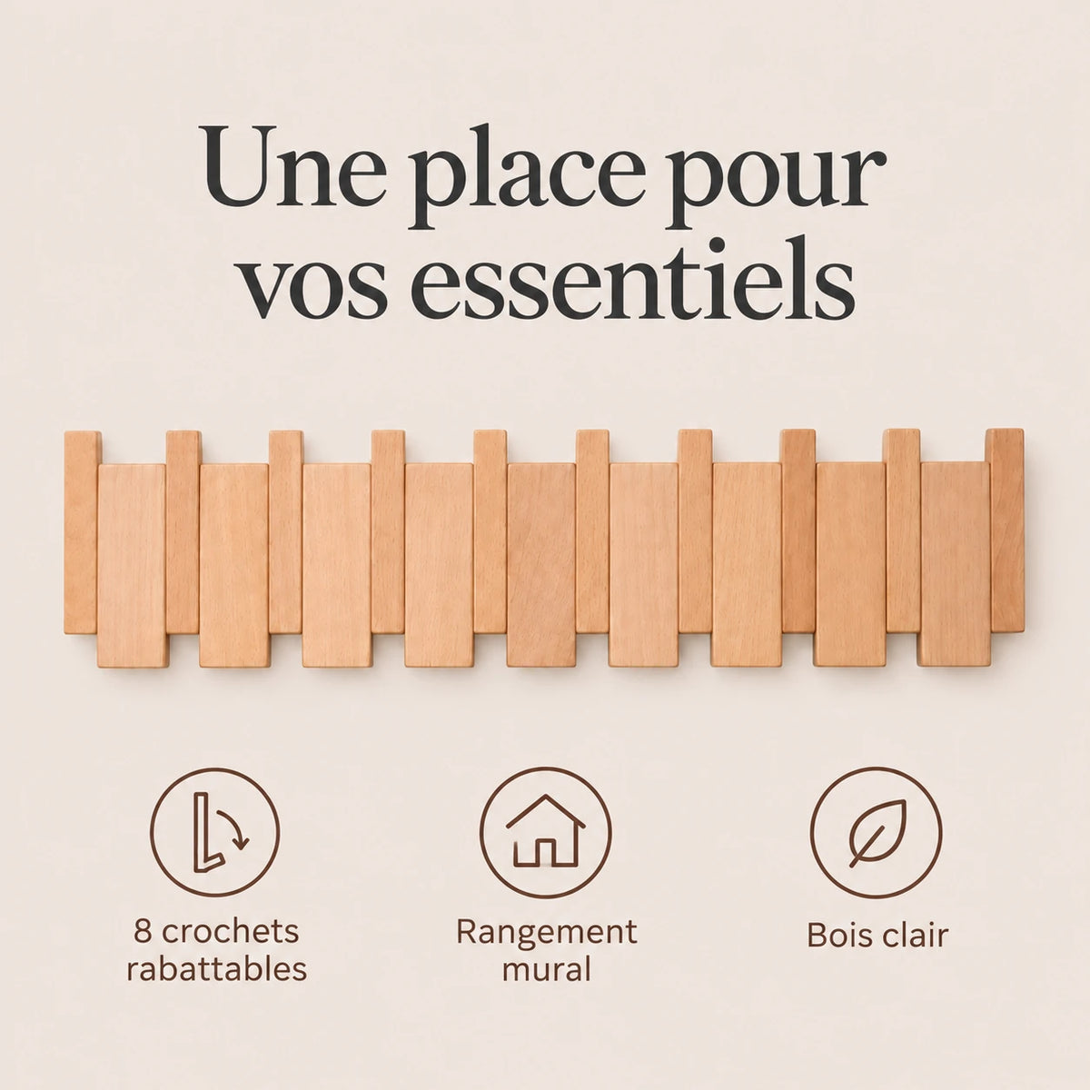 Patère hêtre naturel clair à 8 crochets rabattables pour organiser les accessoires.