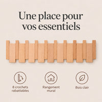 Patère hêtre naturel clair à 8 crochets rabattables pour organiser les accessoires.