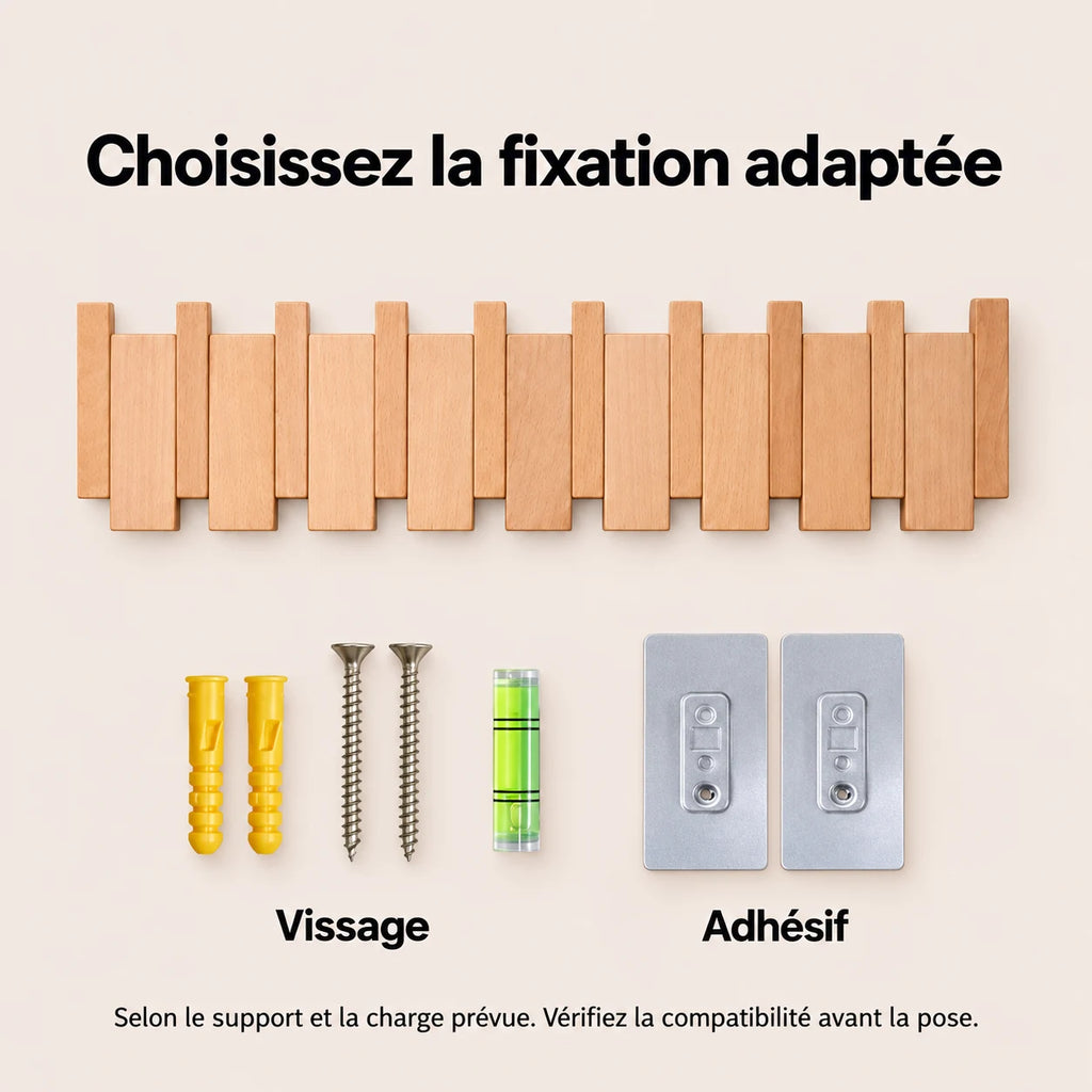 Fixation de la patère hêtre naturel clair 8 crochets : vissage ou adhésif selon le support.