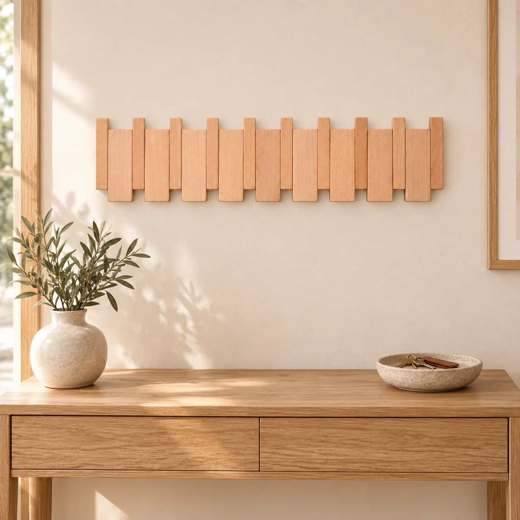 Patère murale en hêtre naturel à 8 crochets fermés au-dessus d’une console d’entrée.