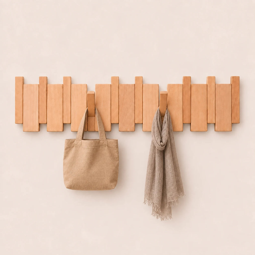 Patère murale en hêtre naturel clair, 8 crochets, avec sac et écharpe.