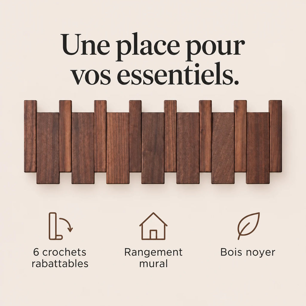 Patère noyer foncé à 6 crochets rabattables pour organiser les accessoires.