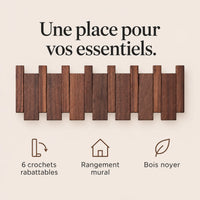 Patère noyer foncé à 6 crochets rabattables pour organiser les accessoires.
