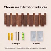 Fixation de la patère noyer foncé 6 crochets : vissage ou adhésif selon le support.