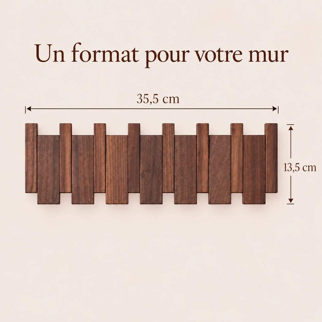 Dimensions de la patère noyer foncé 6 crochets : 35,5 × 13,5 cm.