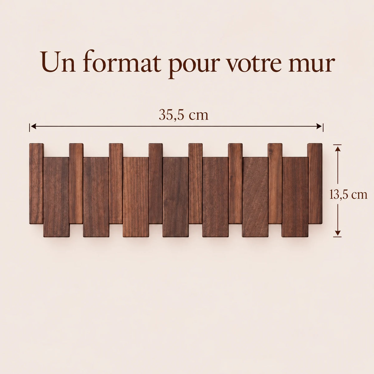Dimensions de la patère noyer foncé 6 crochets : 35,5 × 13,5 cm.