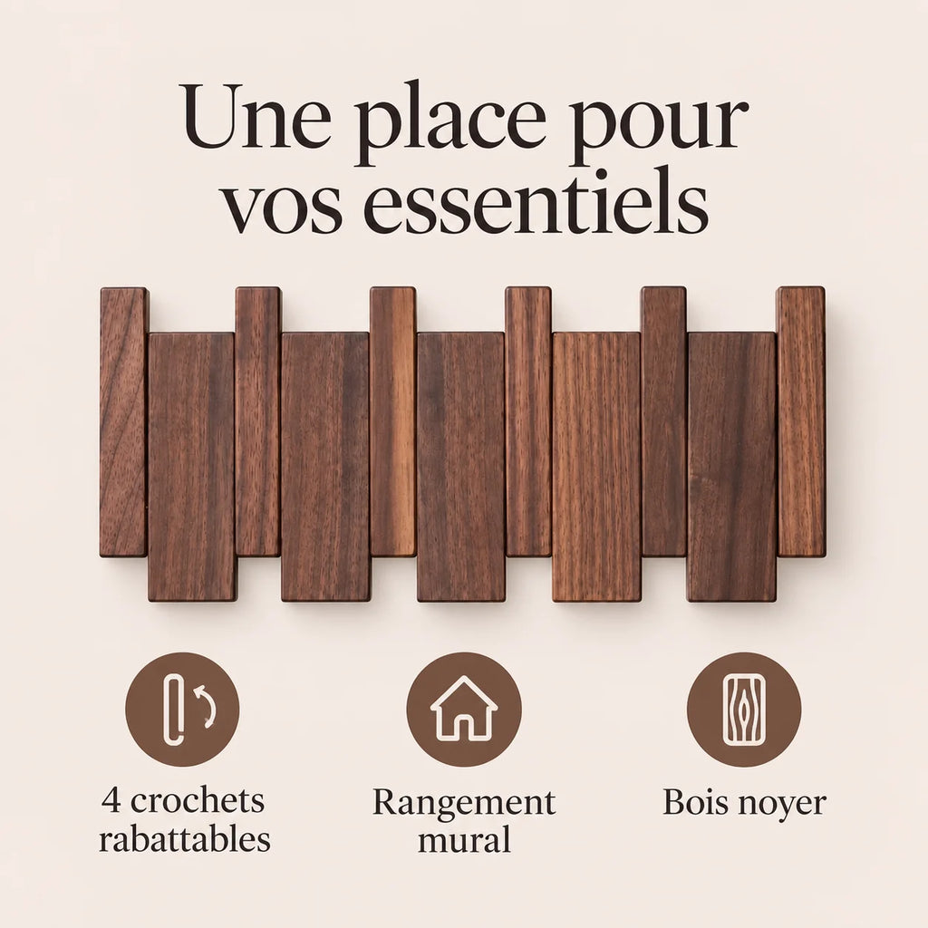 Patère noyer foncé à 4 crochets rabattables pour organiser les accessoires.
