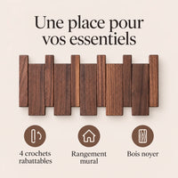Patère noyer foncé à 4 crochets rabattables pour organiser les accessoires.