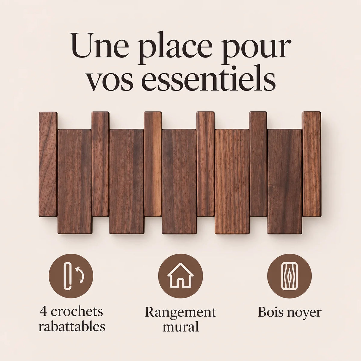 Patère noyer foncé à 4 crochets rabattables pour organiser les accessoires.