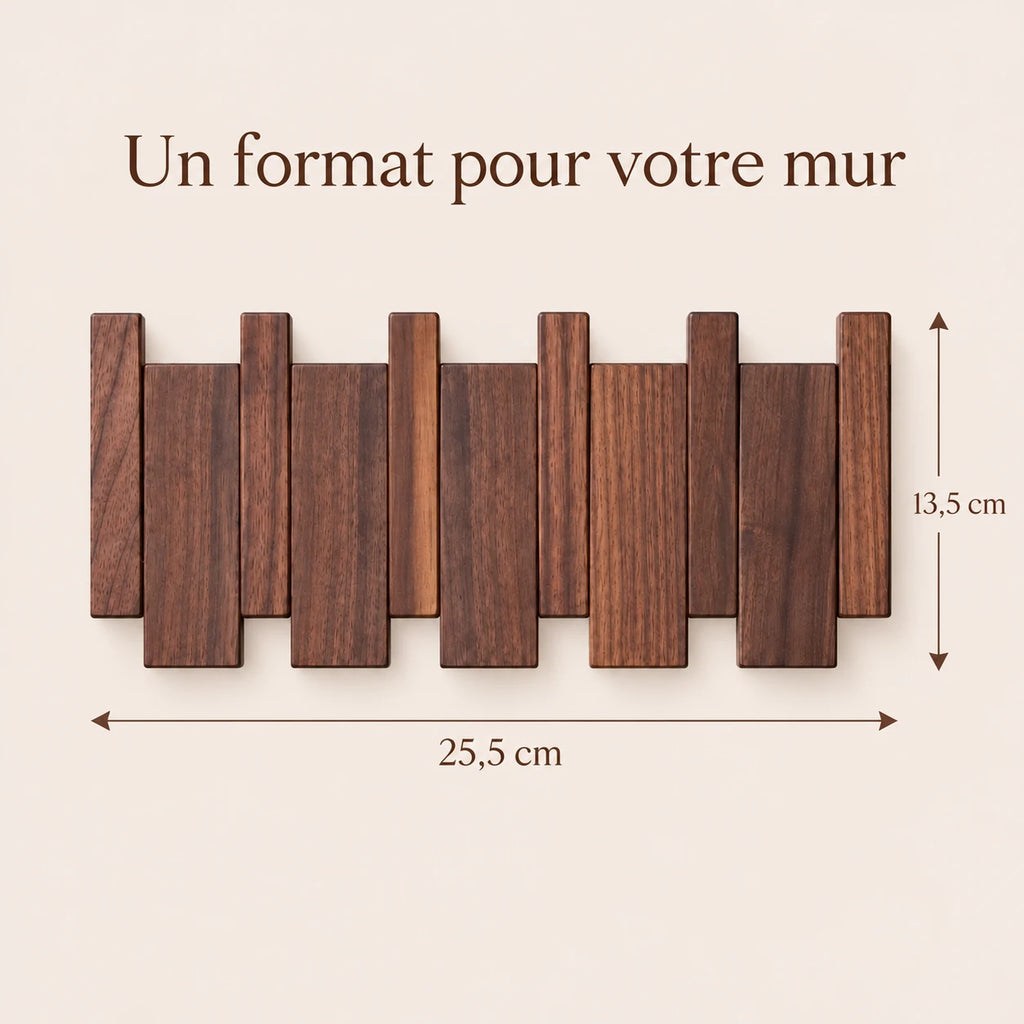 Dimensions de la patère noyer foncé 4 crochets : 25,5 × 13,5 cm.
