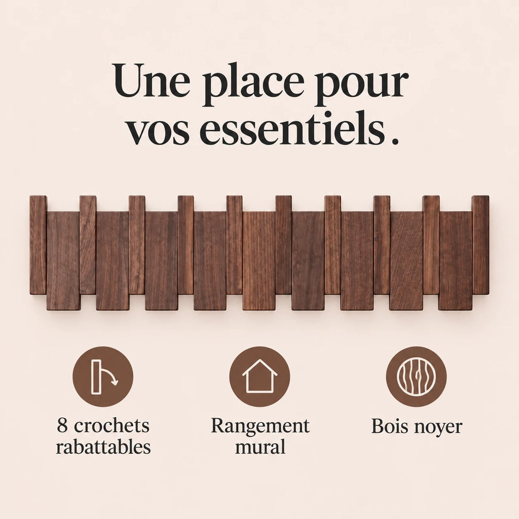 Patère noyer foncé à 8 crochets rabattables pour organiser les accessoires.