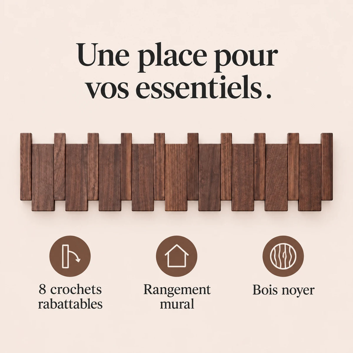 Patère noyer foncé à 8 crochets rabattables pour organiser les accessoires.