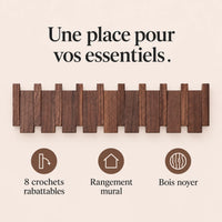 Patère noyer foncé à 8 crochets rabattables pour organiser les accessoires.