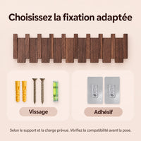 Fixation de la patère noyer foncé 8 crochets : vissage ou adhésif selon le support.