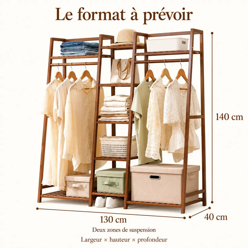 Penderie ouverte en bambou brun double 130 cm : dimensions largeur hauteur et profondeur