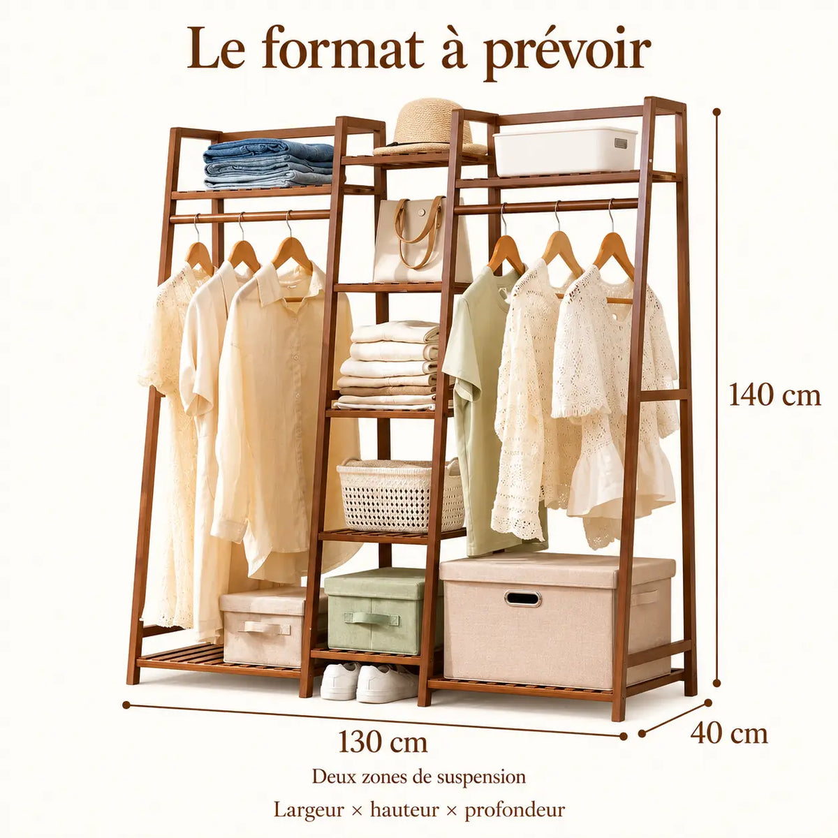 Penderie ouverte en bambou brun double 130 cm : dimensions largeur hauteur et profondeur