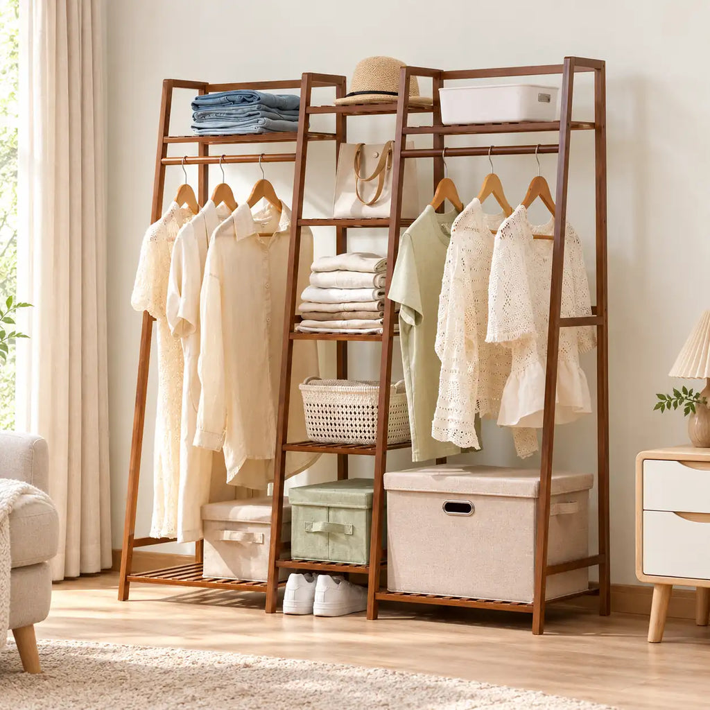 Penderie ouverte en bambou brun double 130 cm : mise en scène dans une chambre