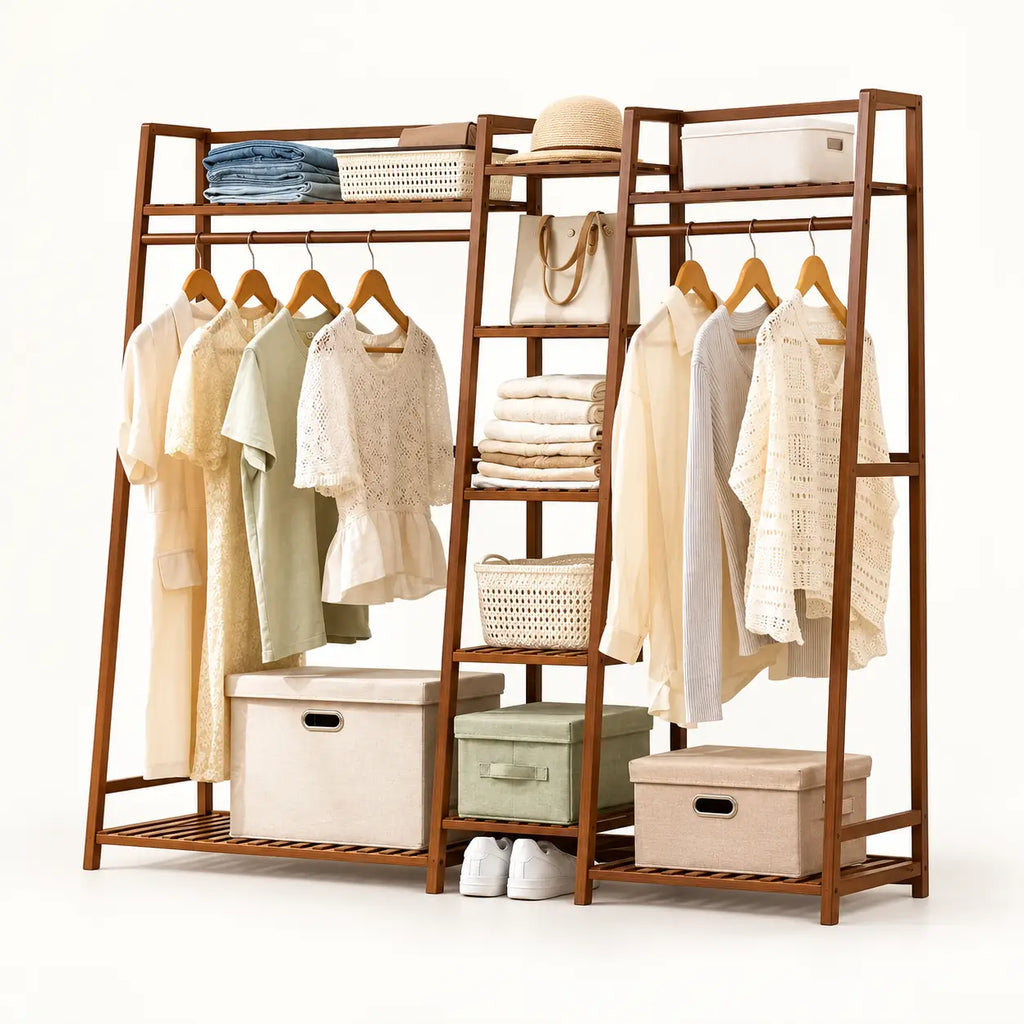Penderie ouverte en bambou brun double 160 cm : vue principale du meuble