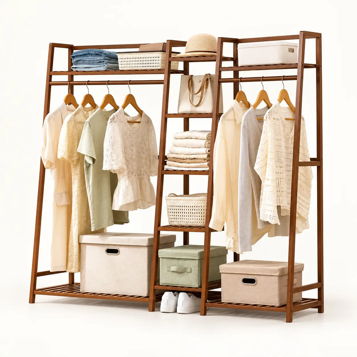 Penderie ouverte en bambou brun double 160 cm : vue principale du meuble