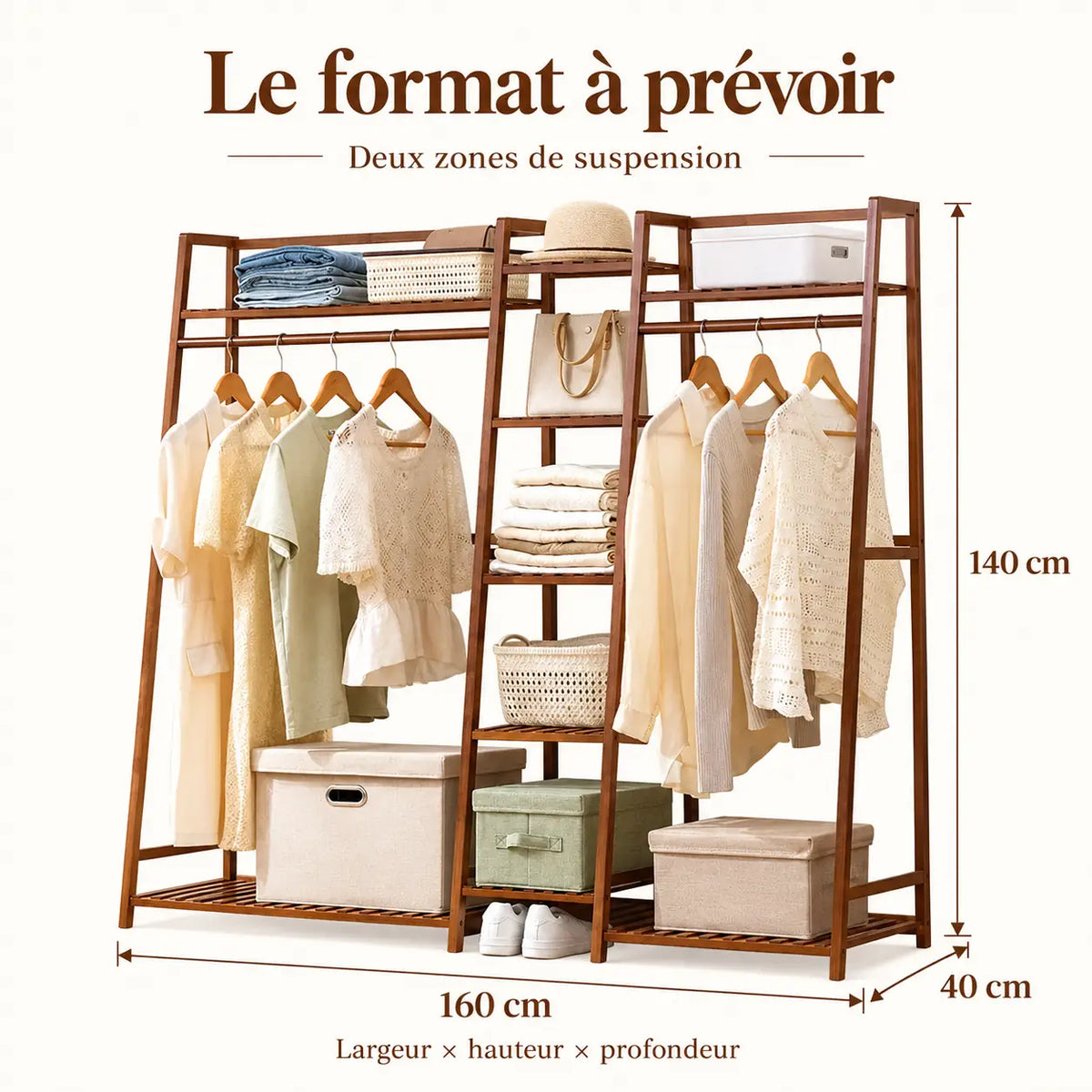 Penderie ouverte en bambou brun double 160 cm : dimensions largeur hauteur et profondeur
