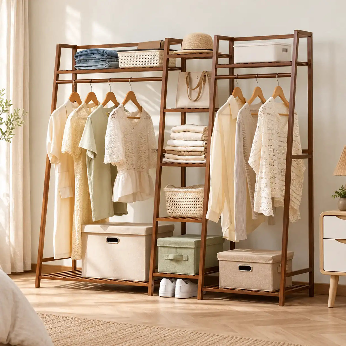 Penderie ouverte en bambou brun double 160 cm : mise en scène dans une chambre