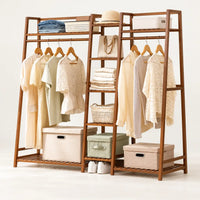 Penderie ouverte en bambou brun double 160 cm : vue de trois quarts de la structure