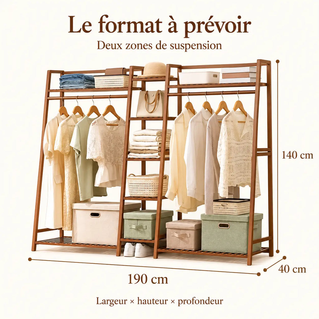Penderie ouverte en bambou brun double 190 cm : dimensions largeur hauteur et profondeur