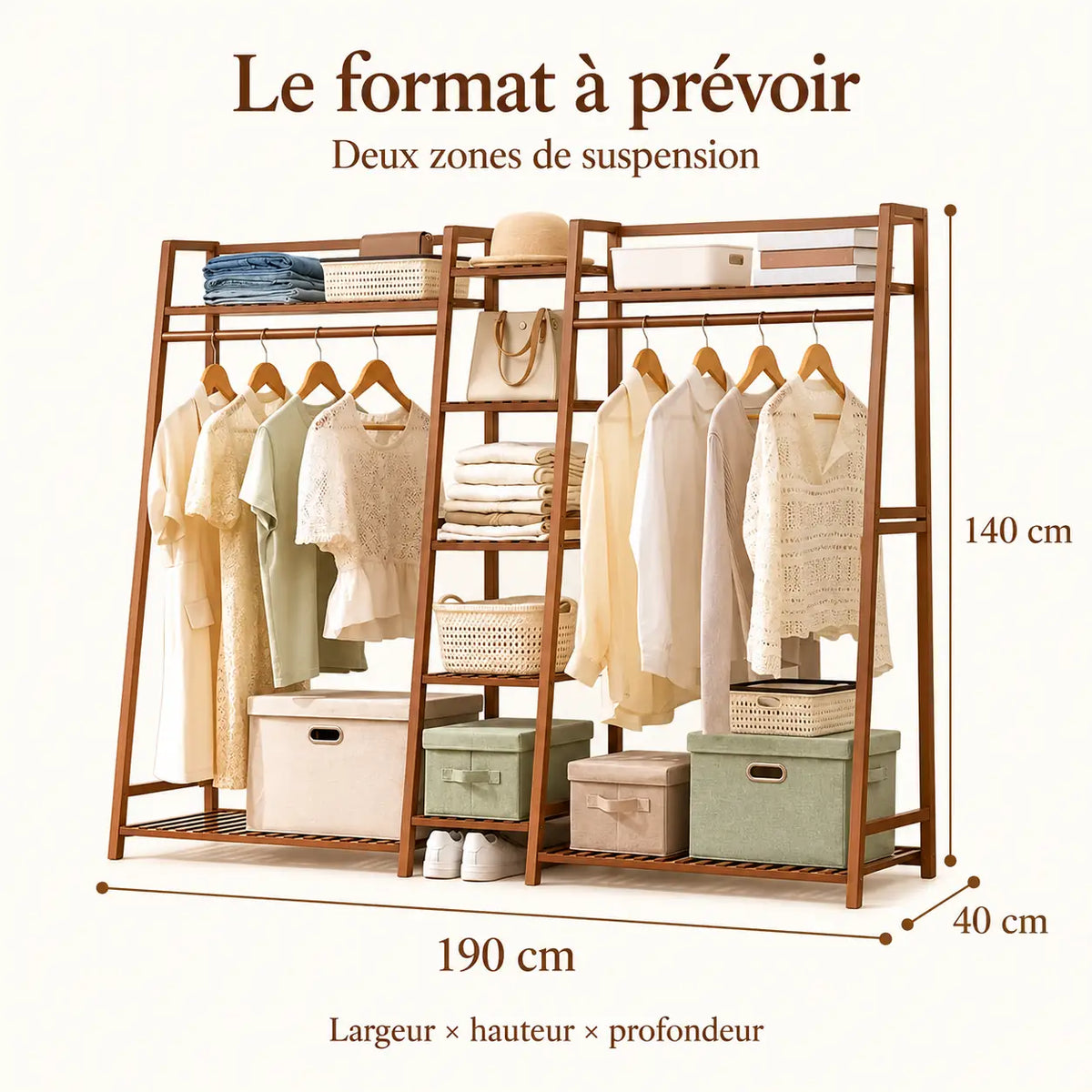 Penderie ouverte en bambou brun double 190 cm : dimensions largeur hauteur et profondeur
