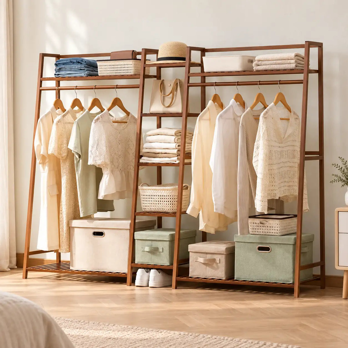 Penderie ouverte en bambou brun double 190 cm : mise en scène dans une chambre
