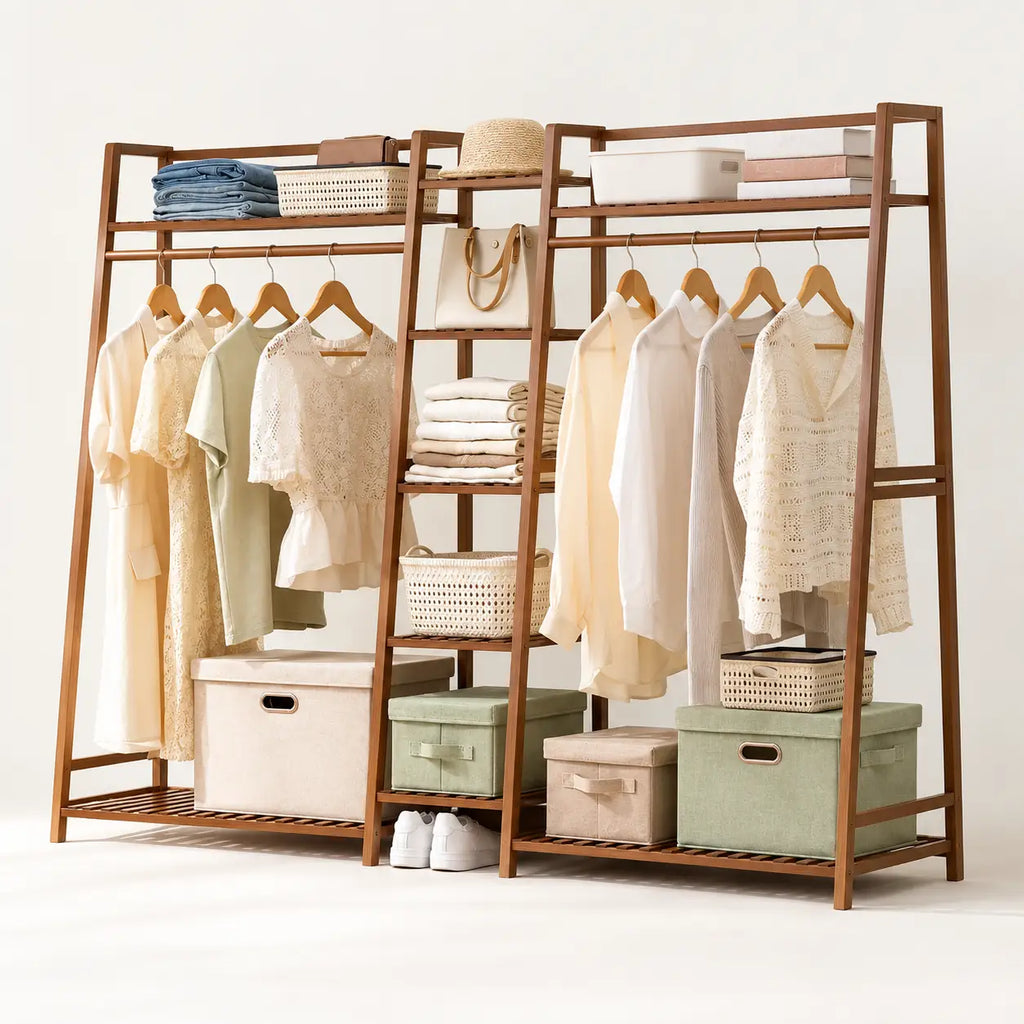Penderie ouverte en bambou brun double 190 cm : vue de trois quarts de la structure