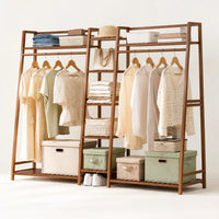Penderie ouverte en bambou brun double 190 cm : vue de trois quarts de la structure