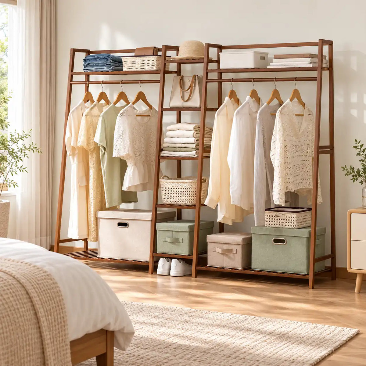 Penderie ouverte en bambou brun double 190 cm : rangement près du lit