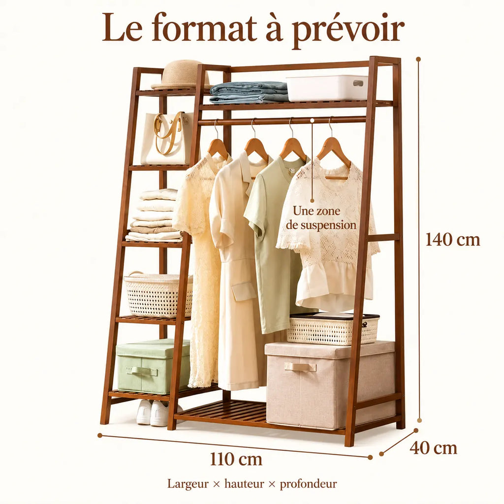 Penderie ouverte en bambou brun simple 110 cm : dimensions largeur hauteur et profondeur