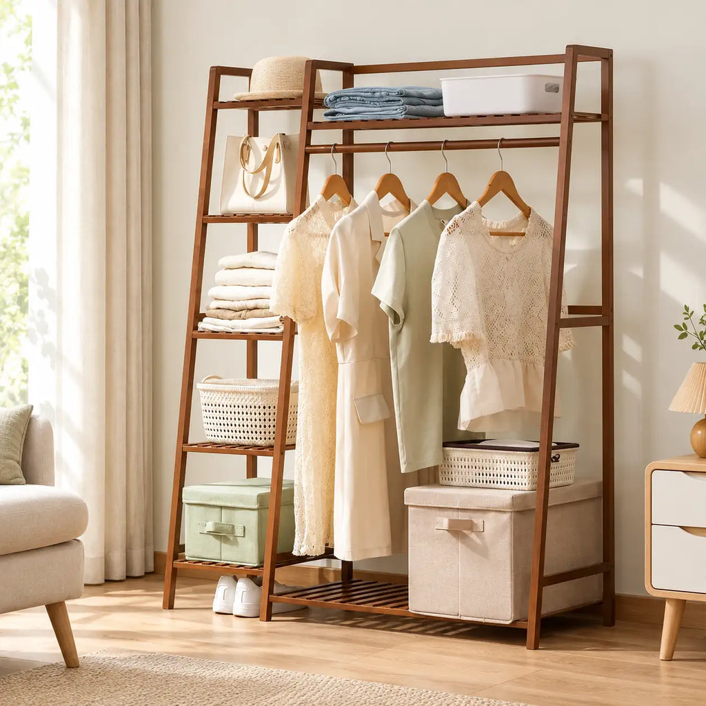 Penderie ouverte en bambou brun simple 110 cm : mise en scène dans une chambre