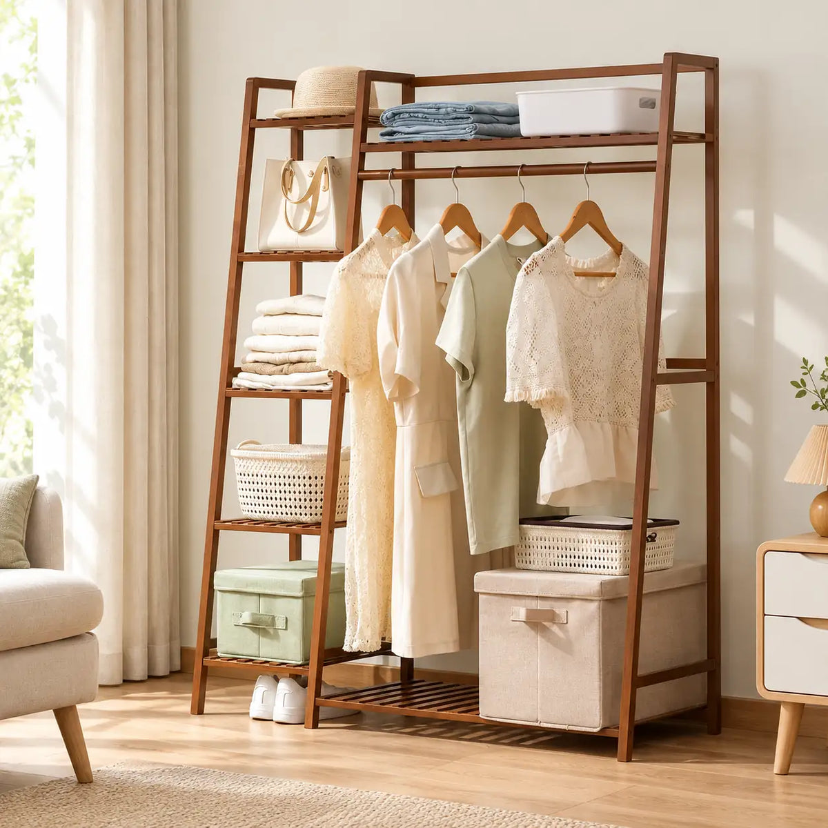 Penderie ouverte en bambou brun simple 110 cm : mise en scène dans une chambre Image