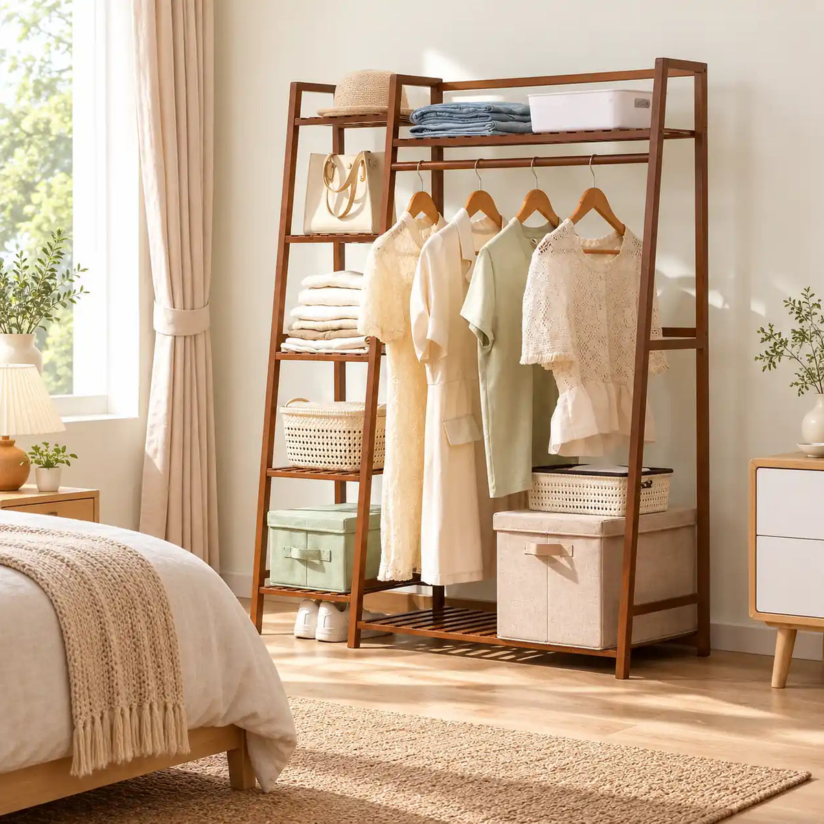 Penderie ouverte en bambou brun simple 110 cm : rangement près du lit