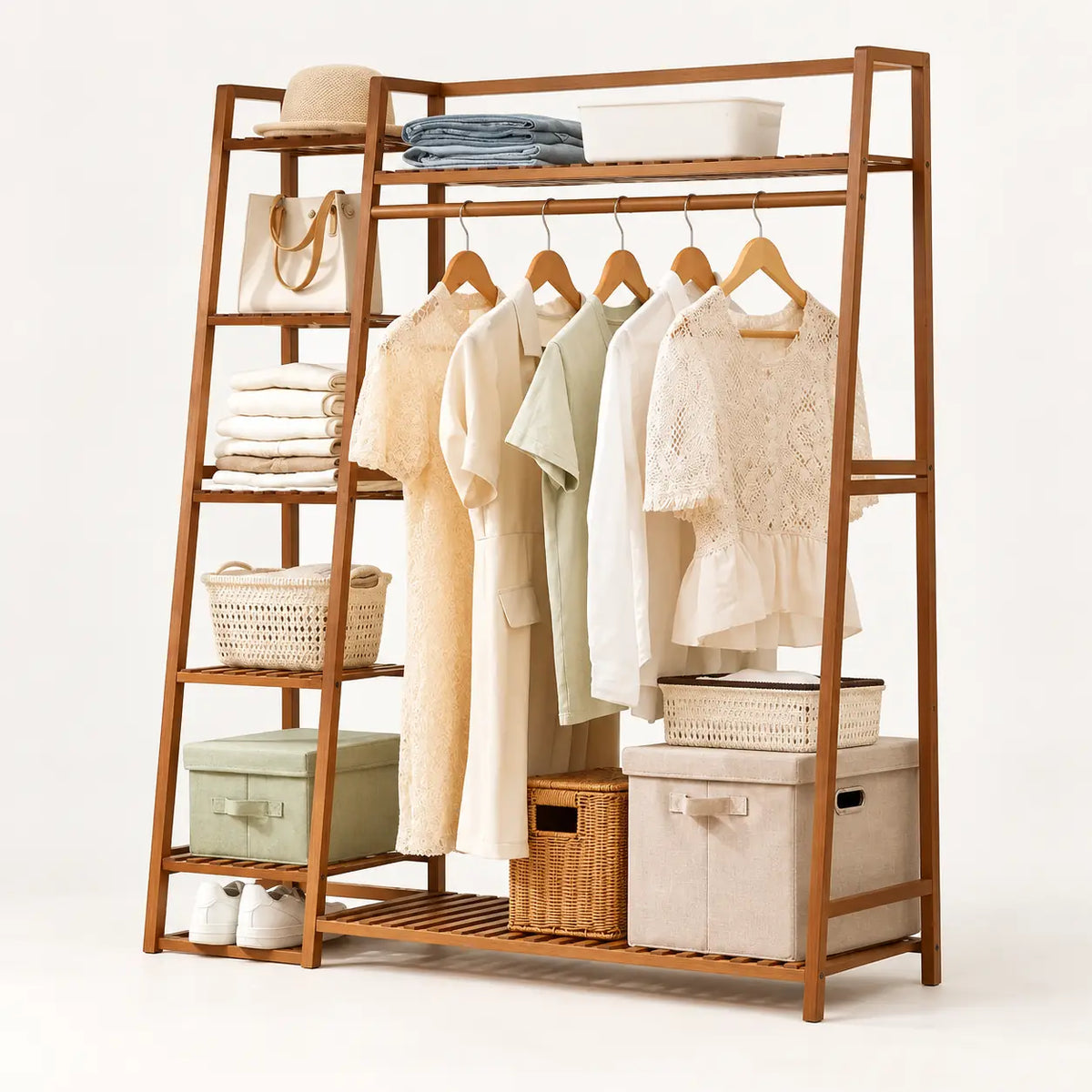 Penderie ouverte en bambou brun simple 130 cm : vue principale du meuble