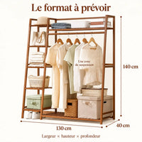 Penderie ouverte en bambou brun simple 130 cm : dimensions largeur hauteur et profondeur