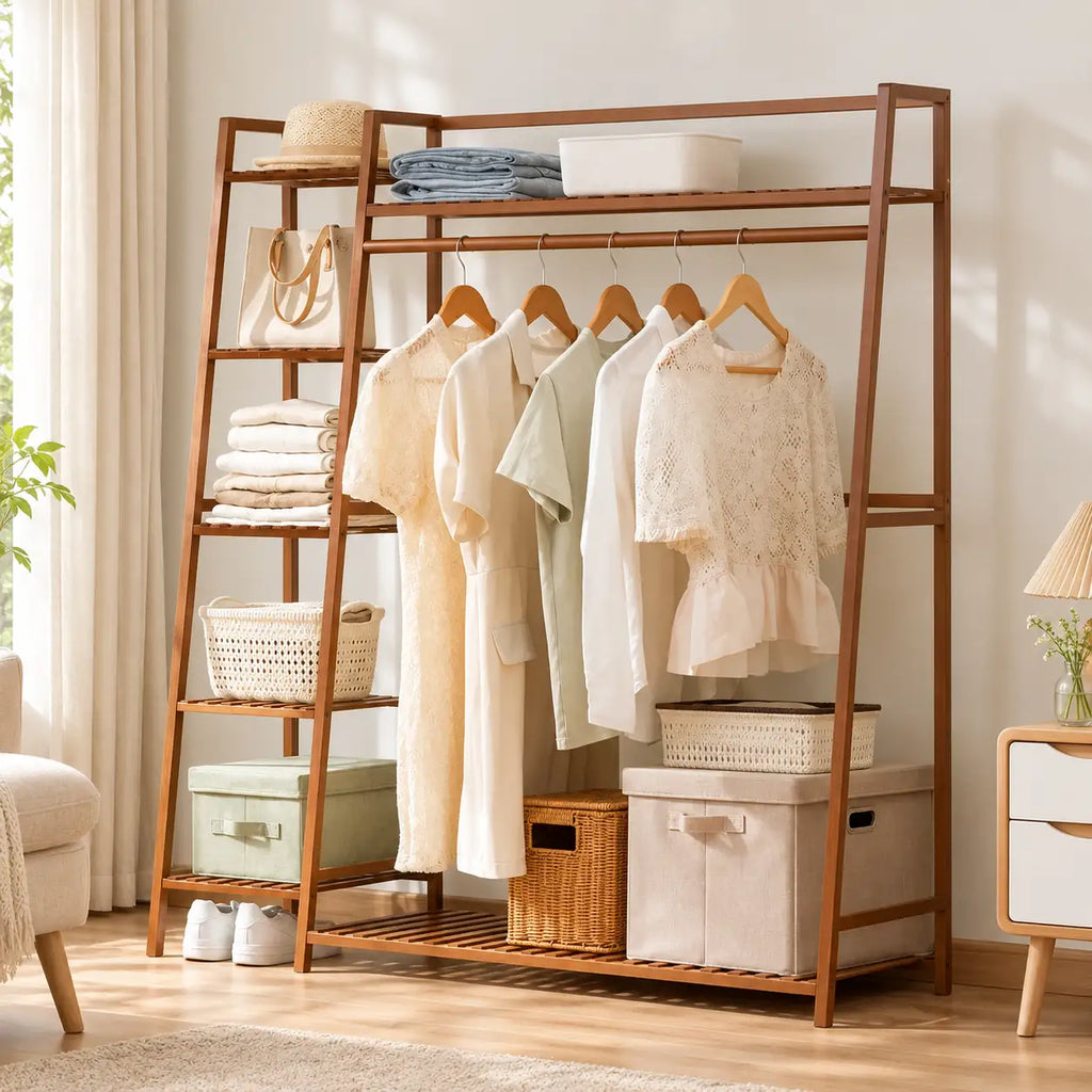 Penderie ouverte en bambou brun simple 130 cm : mise en scène dans une chambre