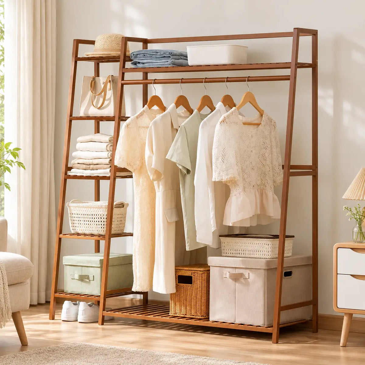 Penderie ouverte en bambou brun simple 130 cm : mise en scène dans une chambre Image