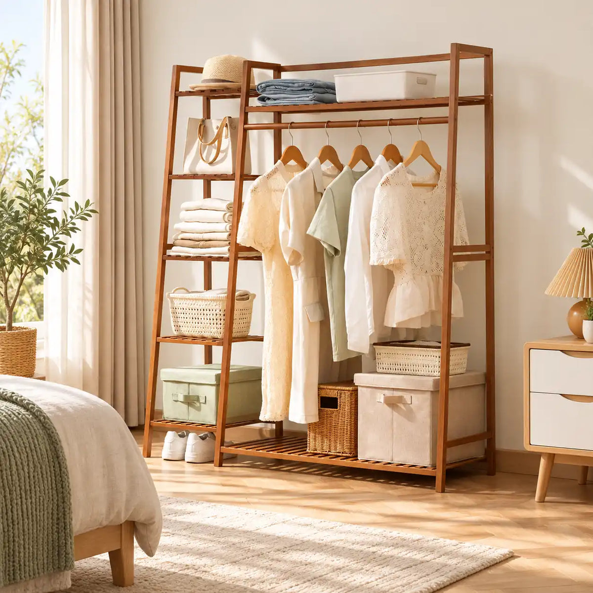 Penderie ouverte en bambou brun simple 130 cm : rangement près du lit