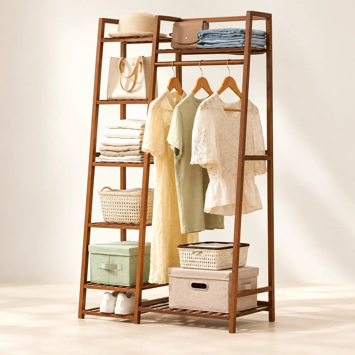 Penderie ouverte en bambou brun simple 80 cm : vue principale du meuble
