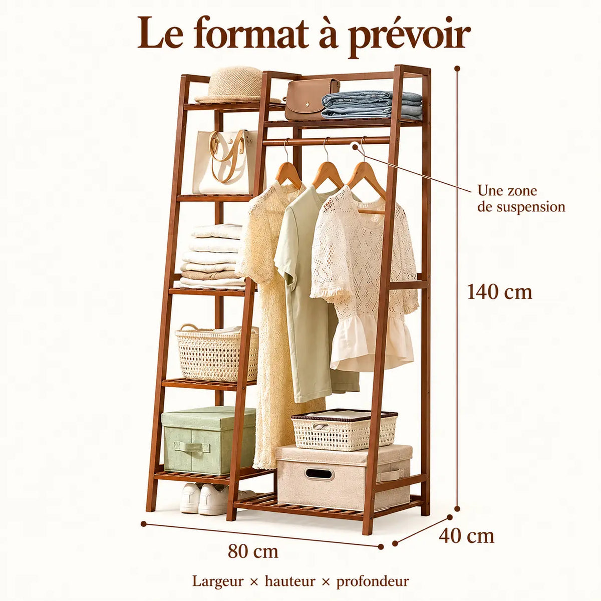 Penderie ouverte en bambou brun simple 80 cm : dimensions largeur hauteur et profondeur