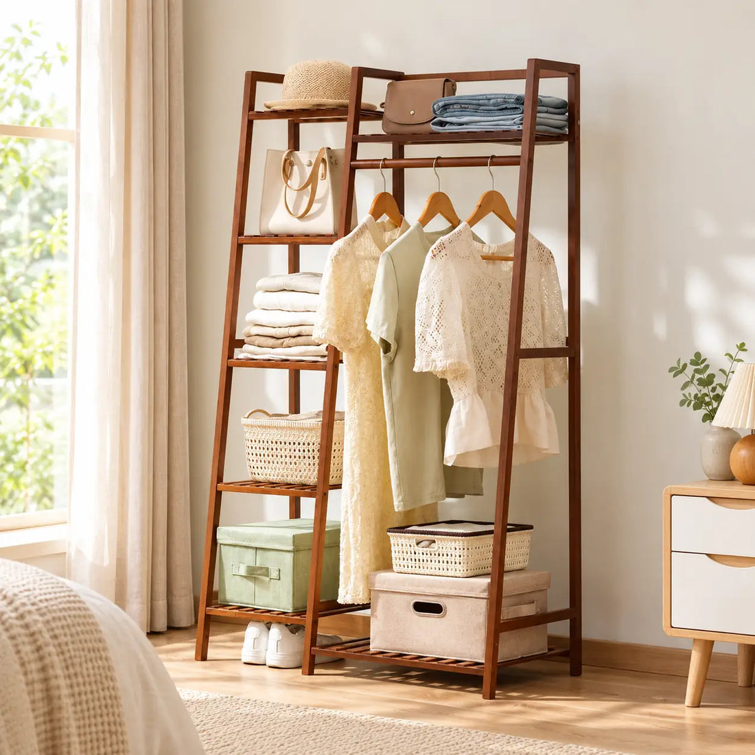 Penderie ouverte en bambou brun simple 80 cm : illustration dans une chambre