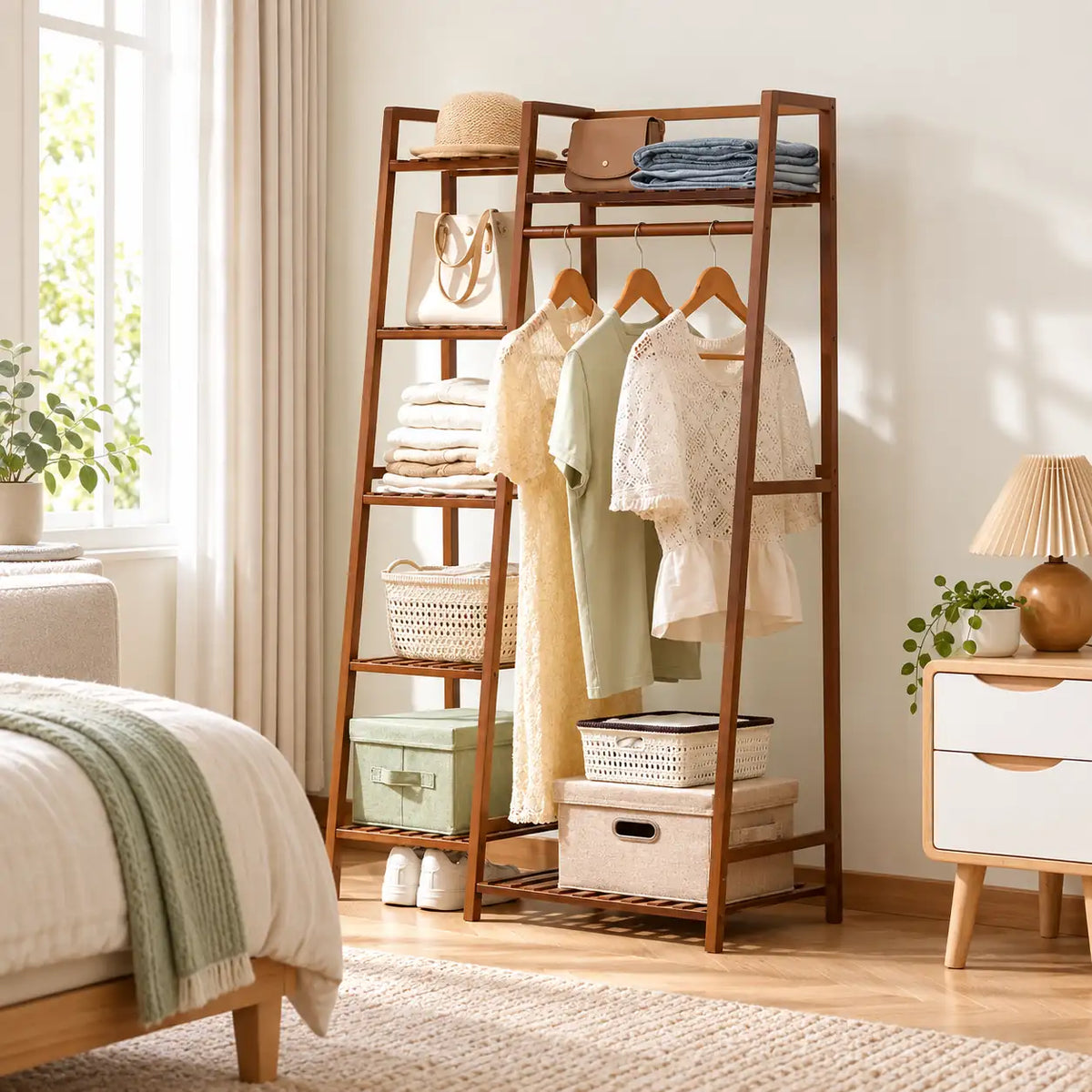 Penderie ouverte en bambou brun simple 80 cm : rangement près du lit