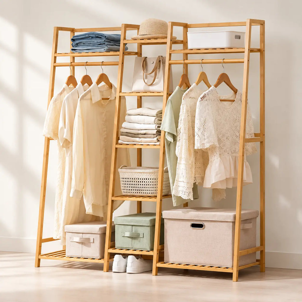 Penderie ouverte en bambou naturel double 130 cm : vue principale du meuble