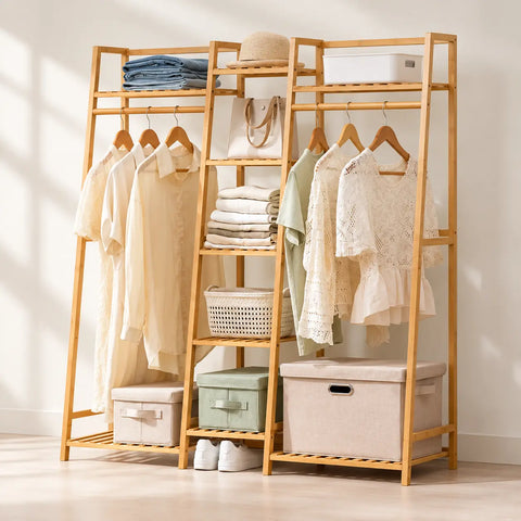 Penderie ouverte en bambou naturel double 130 cm