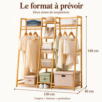 Penderie ouverte en bambou naturel double 130 cm : dimensions largeur hauteur et profondeur